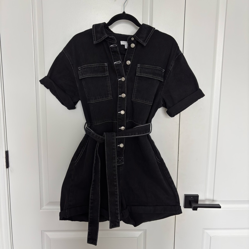Topshop Charcoal Denim Button-Up Jumpsuit (Romper)